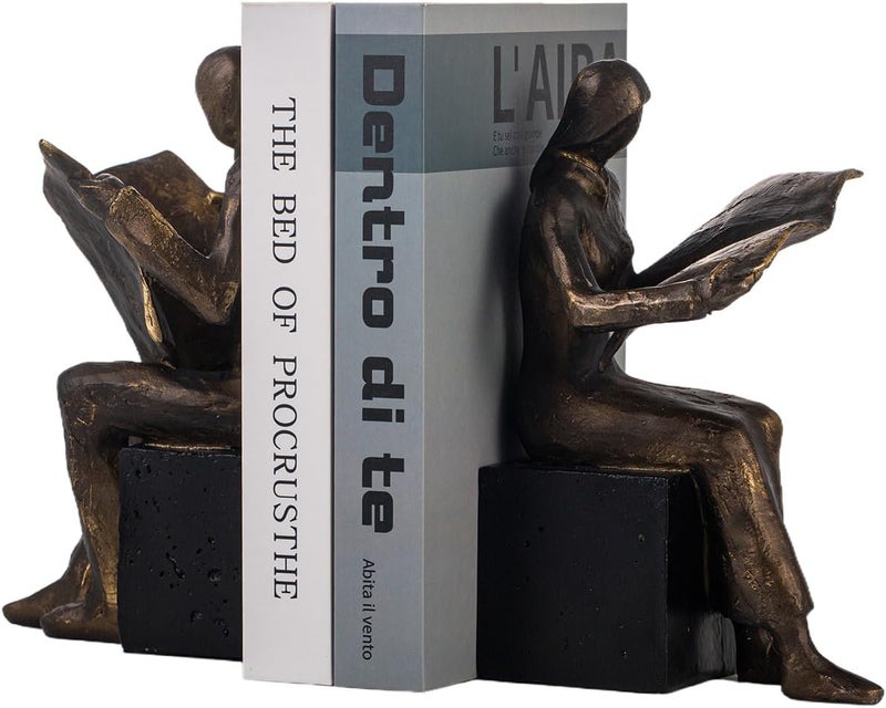 Lukitas Decorative Newspaper Reader Bookends, Heavy Duty Book Holder Non-Slip, Vintage Home Décor Accessories for Study Office Bookshelf, Bronze, Resin, 1Pair/2Piece 8'' - Image 5